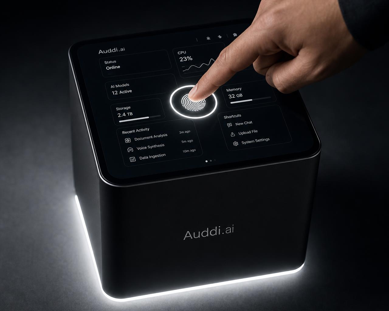 Auddi.ai desk cube being unlocked by a fingerprint on its glowing white touchscreen